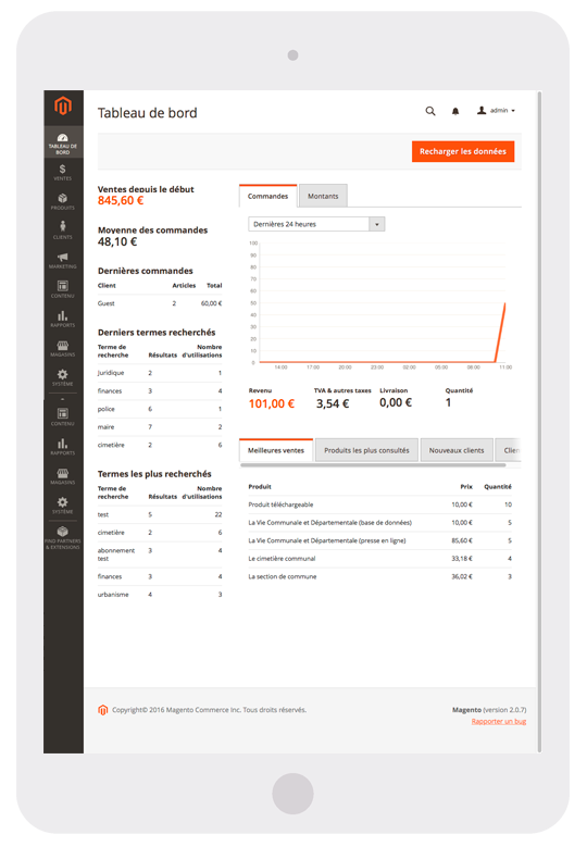 Accueil administration Magento 2